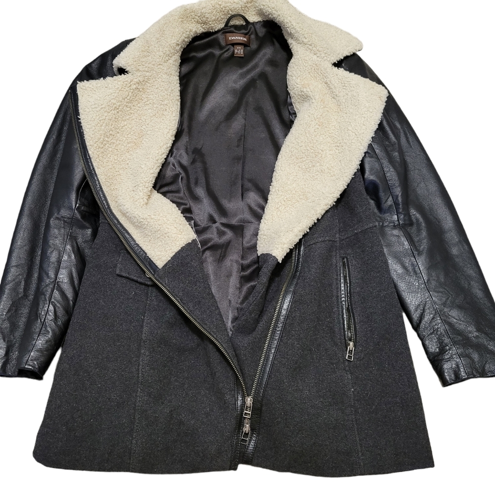 Danier Black Wool & Leather Mixed-Media Coat with Cream Shearling Collar